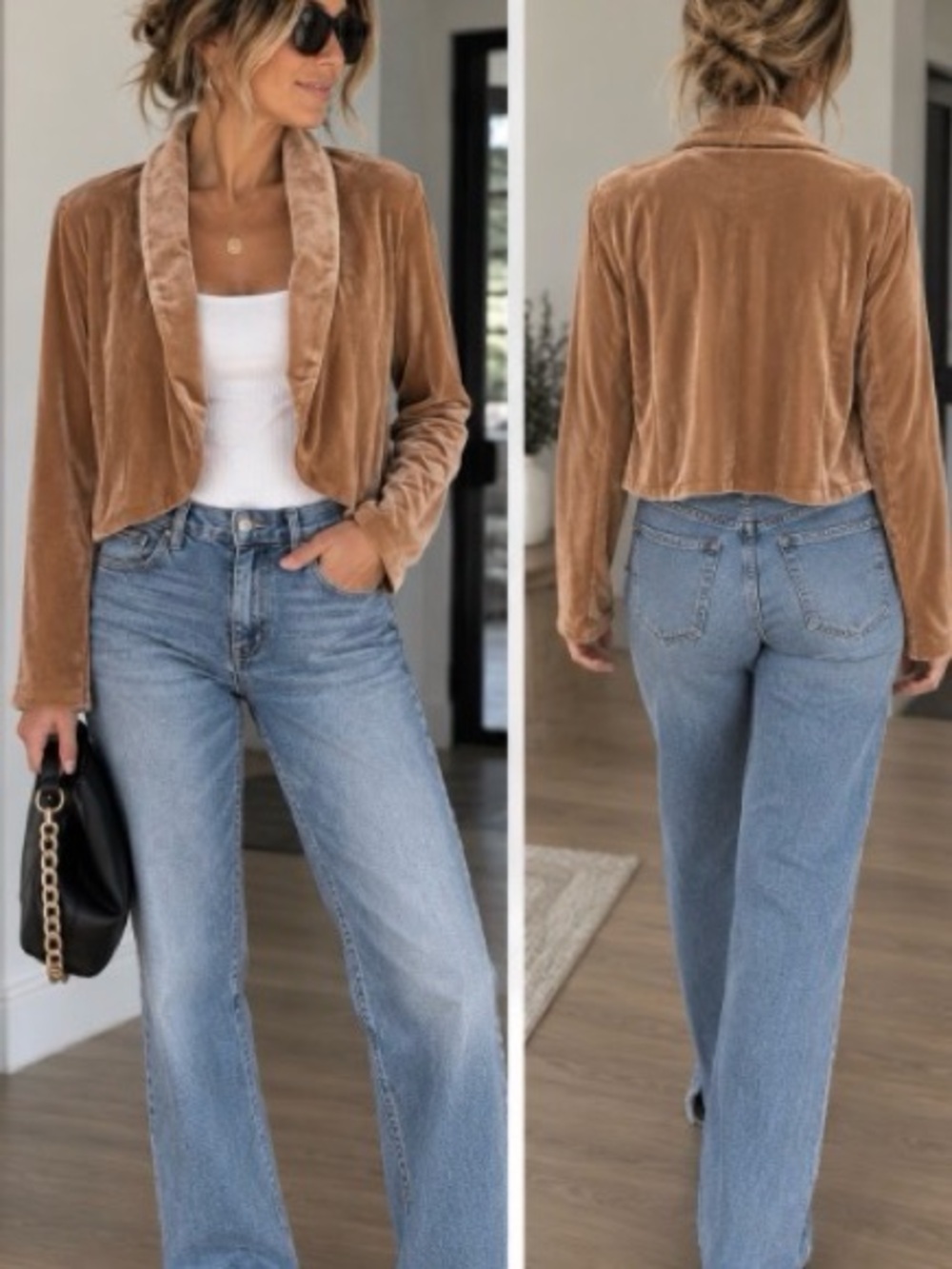 Allegra K Cropped Velvet Shawl Collar Blazer - Tan